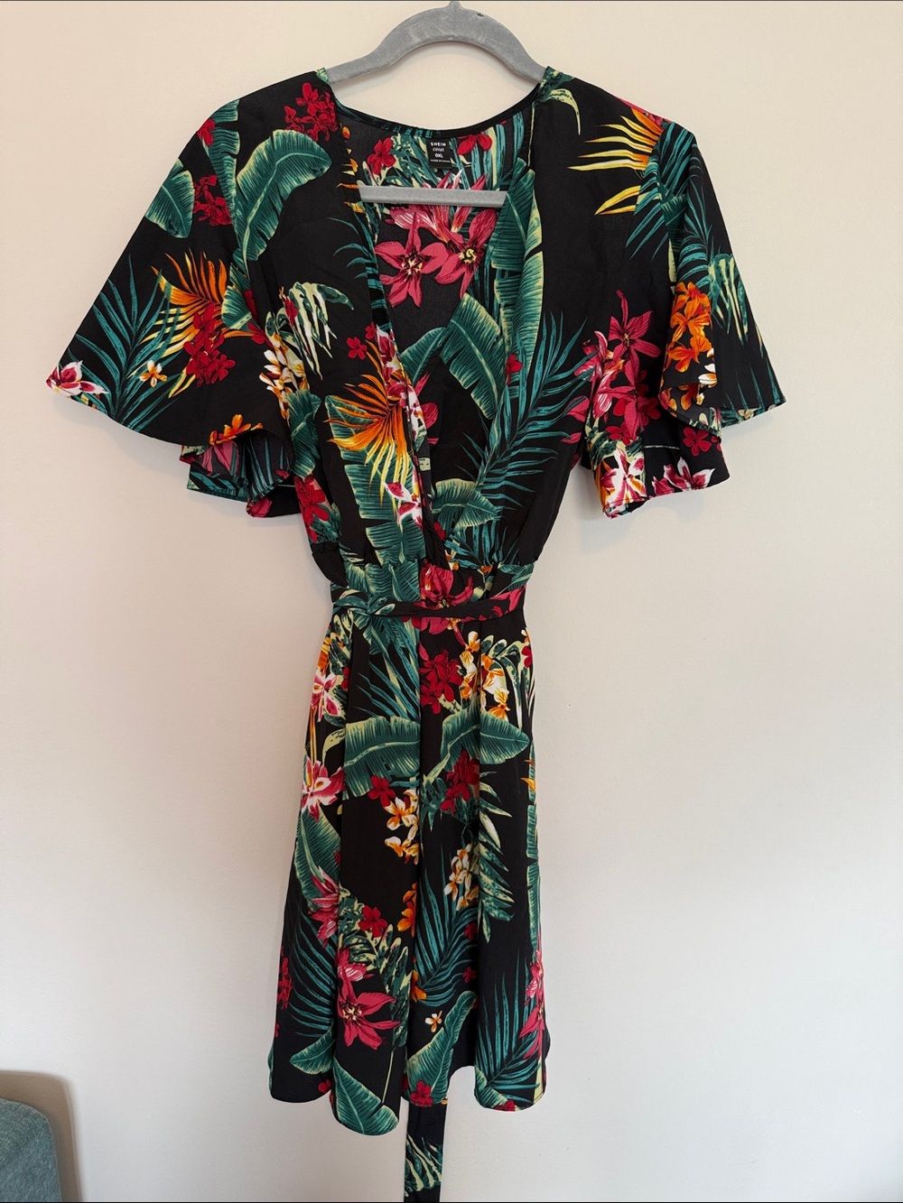 SHEIN Black Tropical Floral Mini Dress with Green, Pink & Yellow Accents